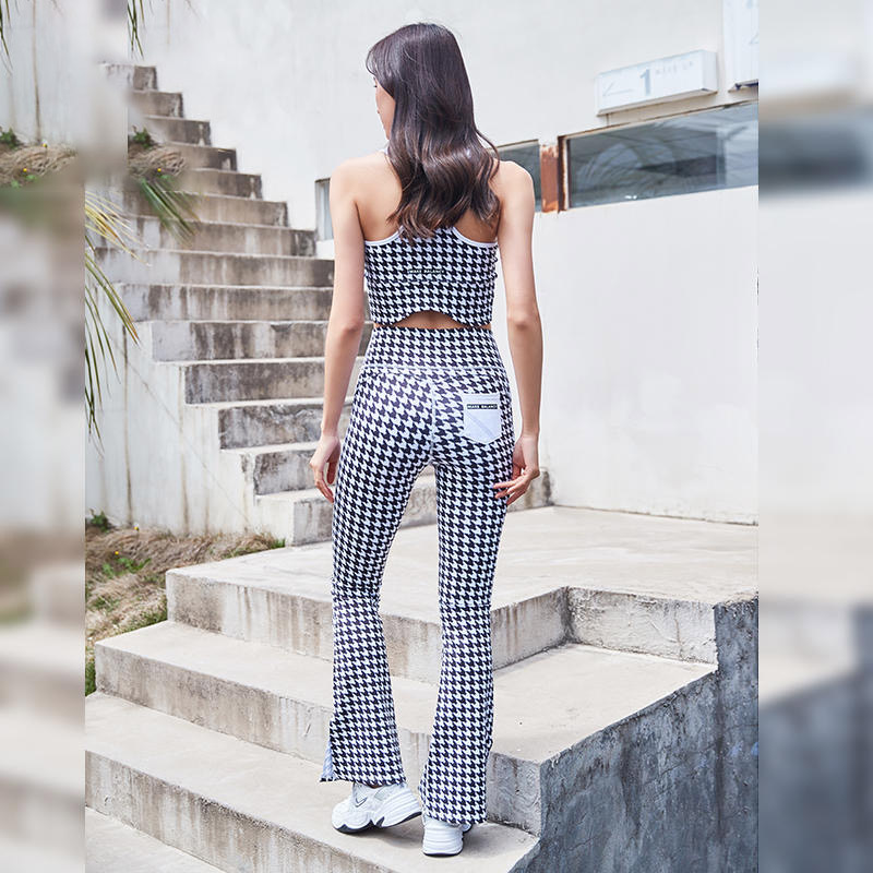 QUEEN YOGA 千鳥格復古時尚套裝(附可拆卸胸墊)