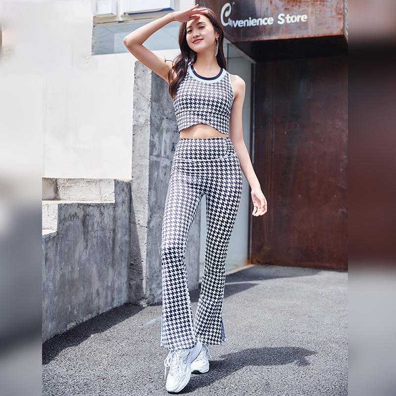 QUEEN YOGA 千鳥格復古時尚套裝(附可拆卸胸墊)