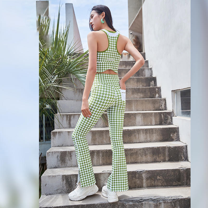 QUEEN YOGA 千鳥格復古時尚套裝(附可拆卸胸墊)