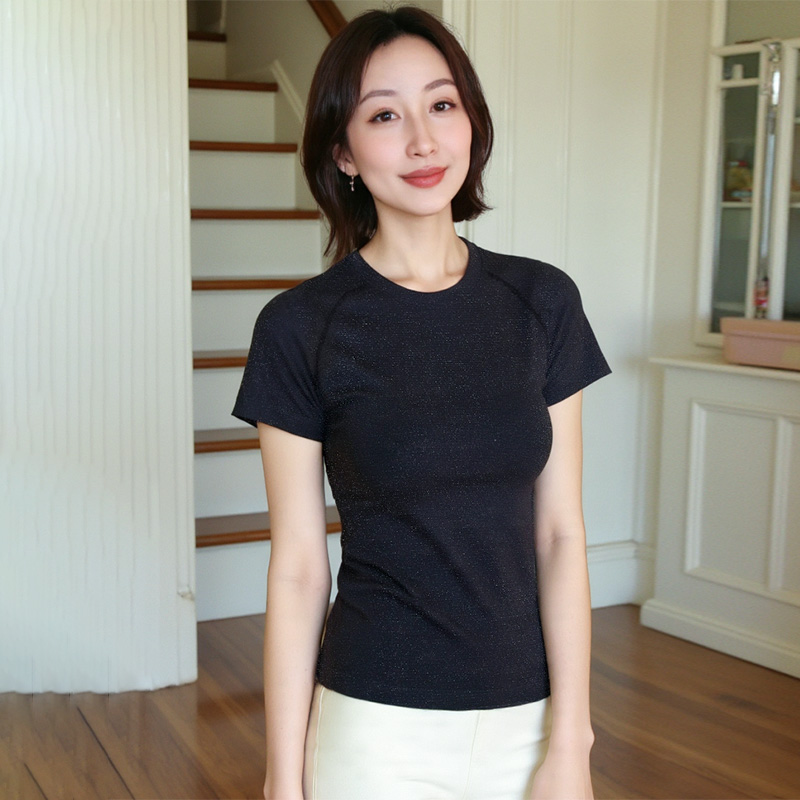 QUEEN YOGA瑜伽基礎簡單大方圓領一體織運動顯瘦瑜伽短袖上衣（無胸墊）