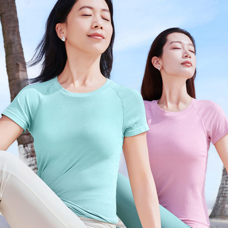 QUEEN YOGA瑜伽基礎簡單大方圓領一體織運動顯瘦瑜伽短袖上衣（無胸墊）
