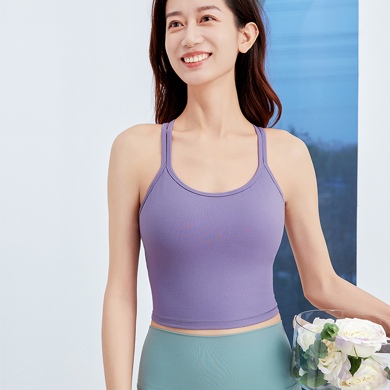 QUEEN YOGA瑜伽基礎簡約氣質優雅圓領交叉美背運動健身背心（固定罩杯）