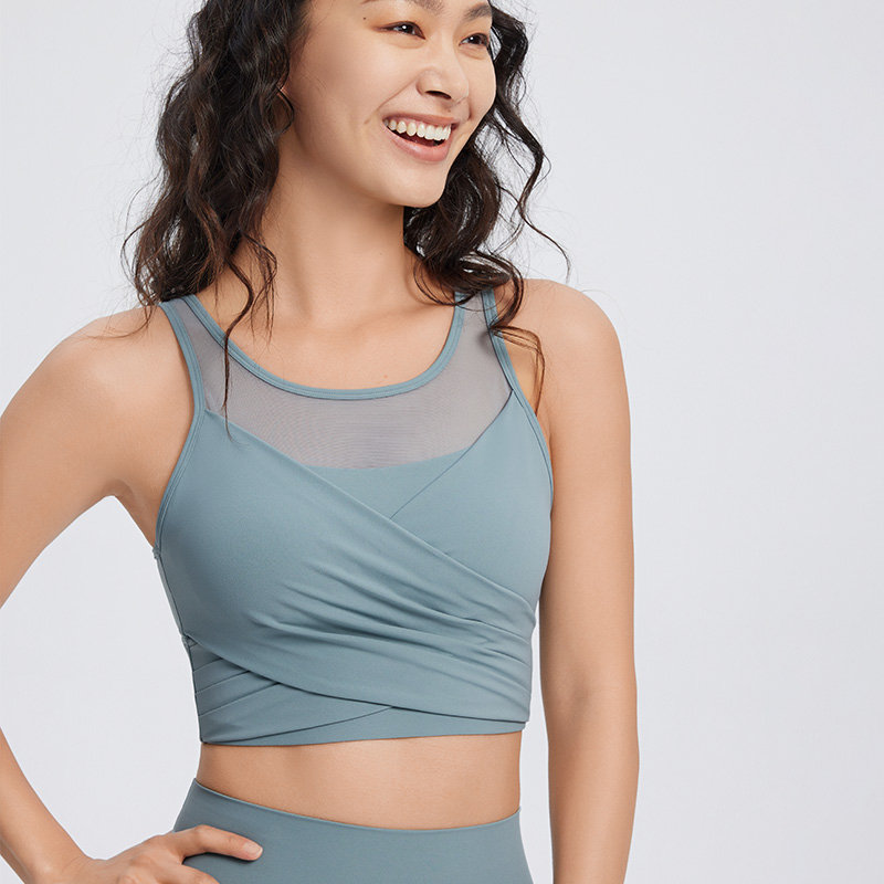 QUEEN YOGA瑜伽新款戶外網紗抽褶運動背心小可愛BRA