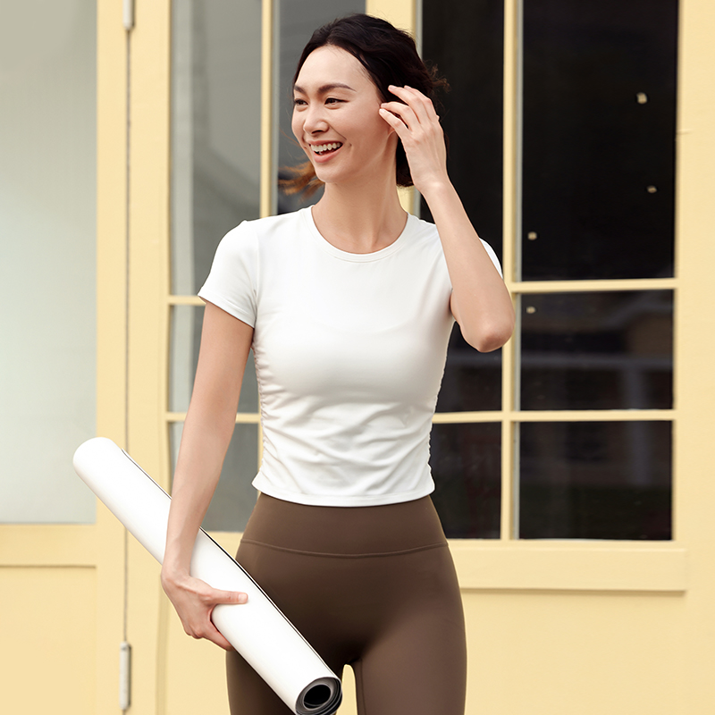 QUEEN YOGA瑜伽圓領專業時尚運動抽褶顯瘦瑜伽T恤外搭（無胸墊款）