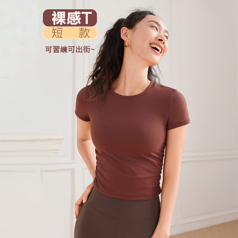 QUEEN YOGA瑜伽圓領專業時尚運動抽褶顯瘦瑜伽T恤外搭（無胸墊款）