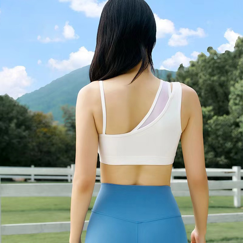 QUEEN YOGA網紗拼接不對稱雙肩帶運動瑜珈BRA（內含胸墊）