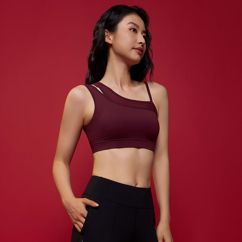 QUEEN YOGA網紗拼接不對稱雙肩帶運動瑜珈BRA（內含胸墊）