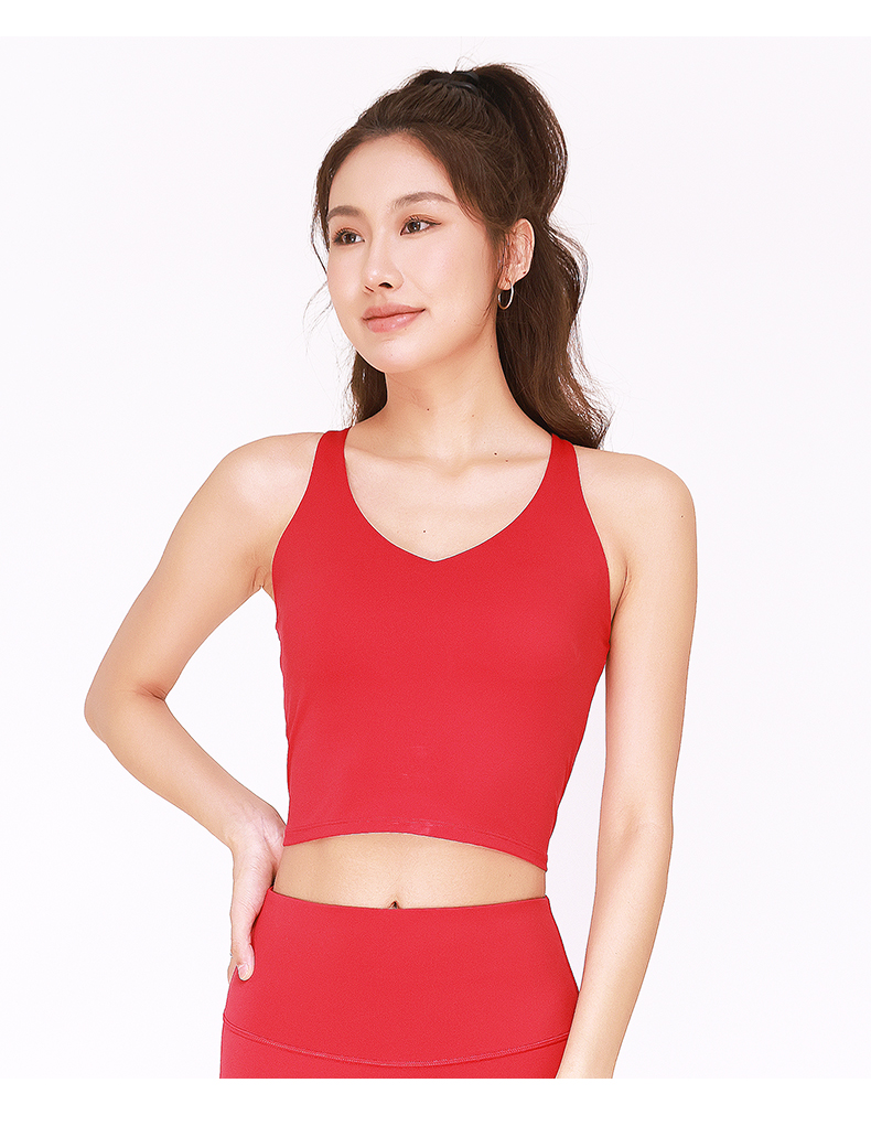 QUEEN YOGA性感V領一體杯美背運動瑜珈背心(固定一體式胸墊)