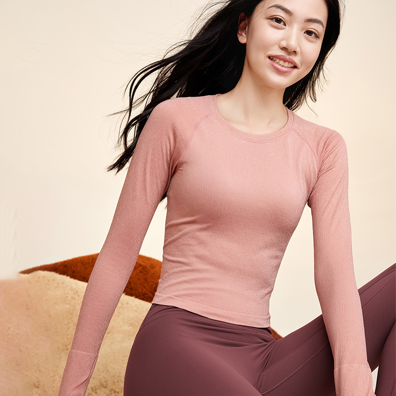 QUEEN YOGA瑜伽圓領簡約透氣時尚大方運動戶外一體織長袖上衣（無胸墊款）