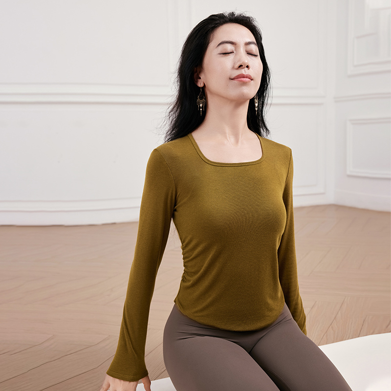QUEEN YOGA瑜伽休閒抽褶收腰顯瘦時尚羊毛長袖外搭罩衫（無胸墊款）