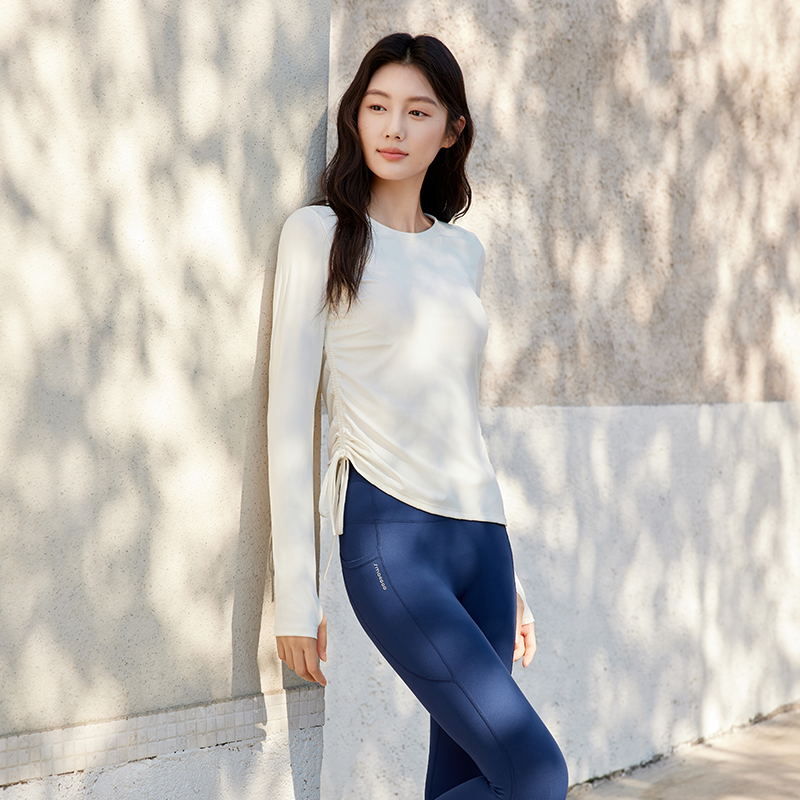 QUEEN YOGA時尚抽繩設計一體杯運動瑜珈長袖(固定式胸墊)