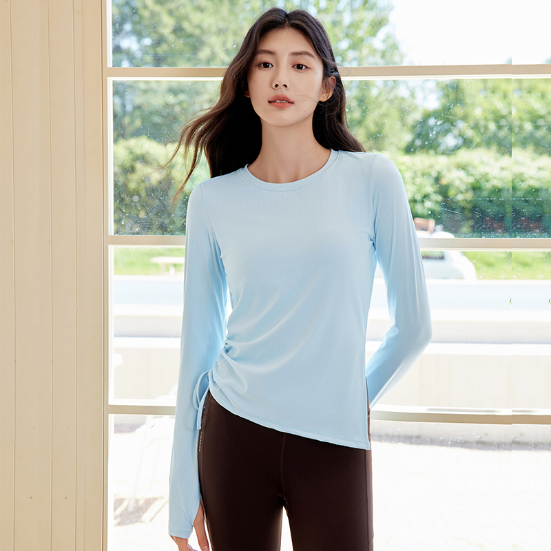 QUEEN YOGA時尚抽繩設計一體杯運動瑜珈長袖(固定式胸墊)