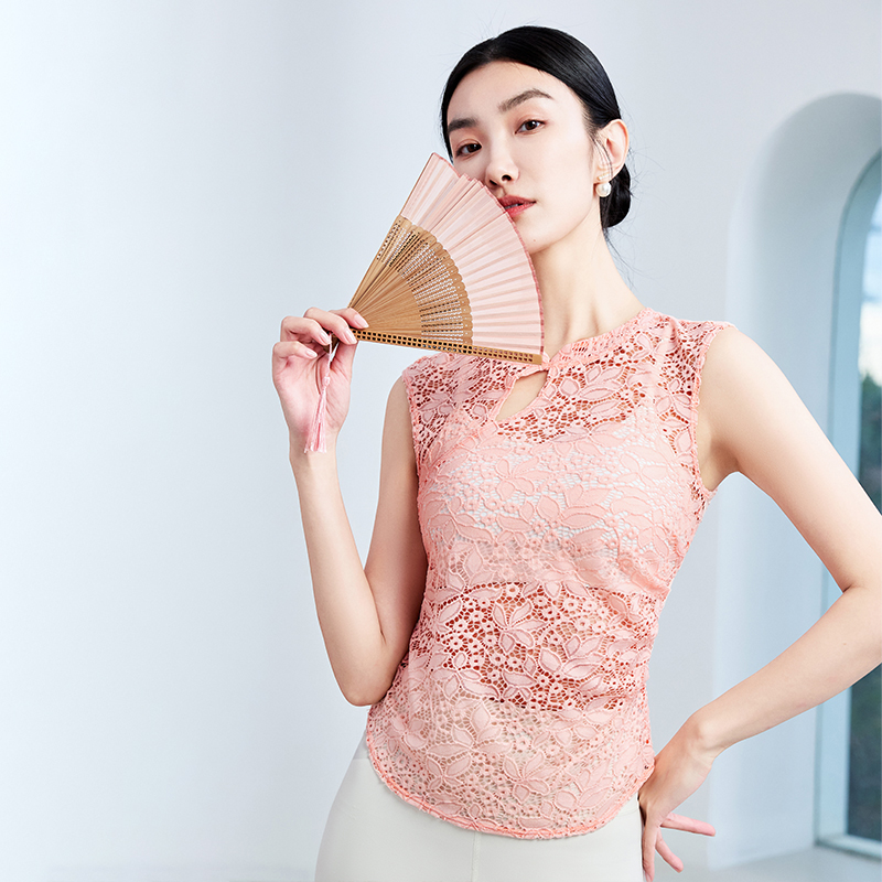 QUEEN YOGA瑜伽服收腰顯瘦新中式蕾絲背心外搭上衣（無胸墊款）