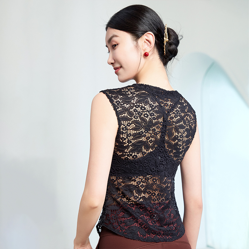 QUEEN YOGA瑜伽服收腰顯瘦新中式蕾絲背心外搭上衣（無胸墊款）
