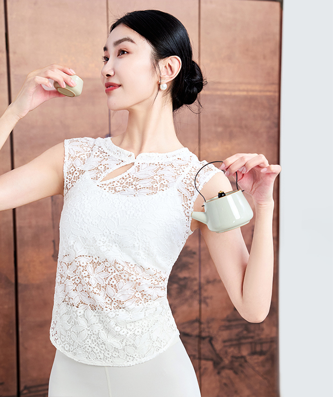 QUEEN YOGA瑜伽服收腰顯瘦新中式蕾絲背心外搭上衣（無胸墊款）