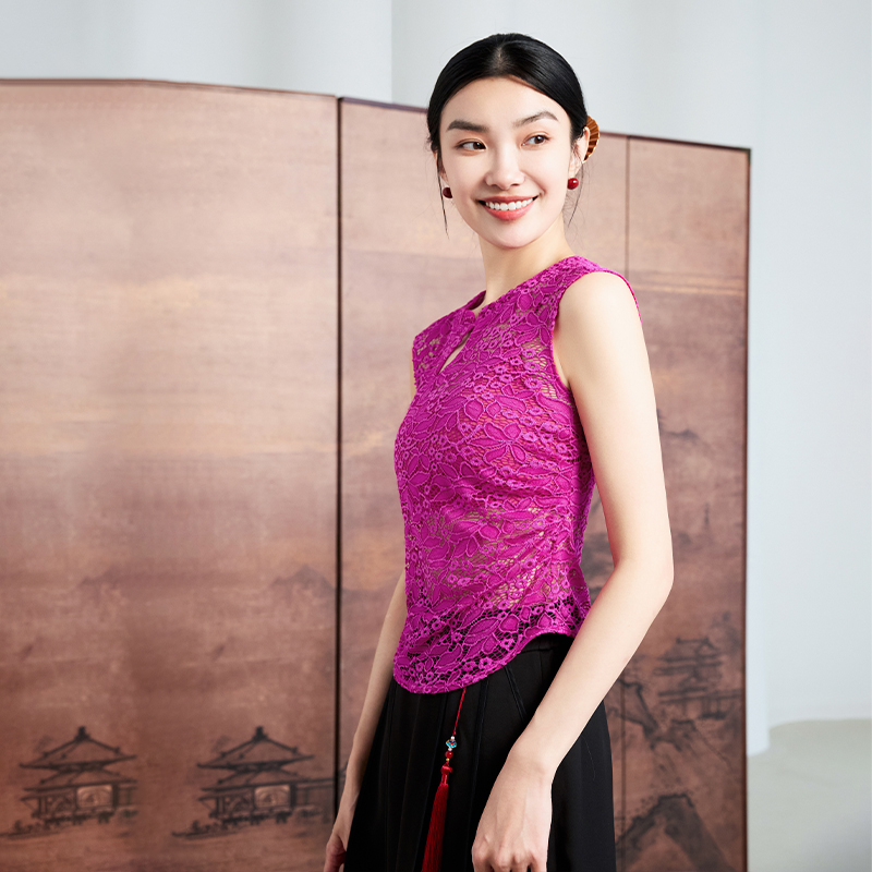 QUEEN YOGA瑜伽服收腰顯瘦新中式蕾絲背心外搭上衣（無胸墊款）