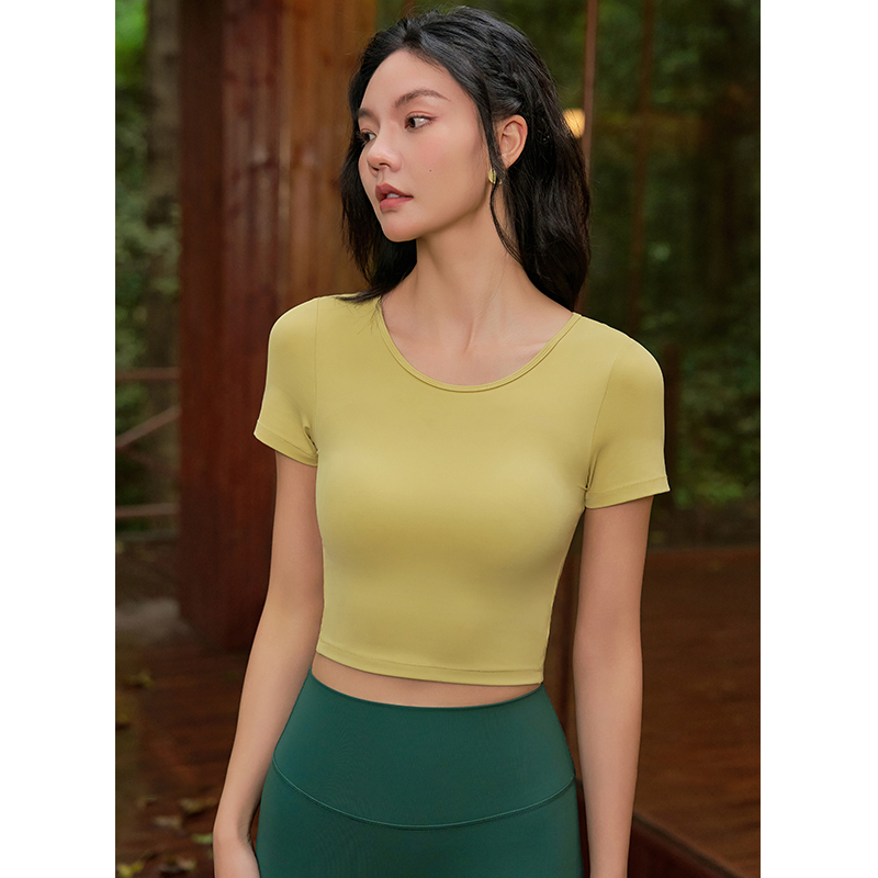QUEEN YOGA瑜伽新品雙磨萊卡圓領運動瑜伽短袖(附贈拆卸式胸墊)