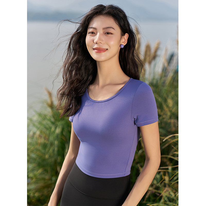 QUEEN YOGA瑜伽新品雙磨萊卡圓領運動瑜伽短袖(附贈拆卸式胸墊)