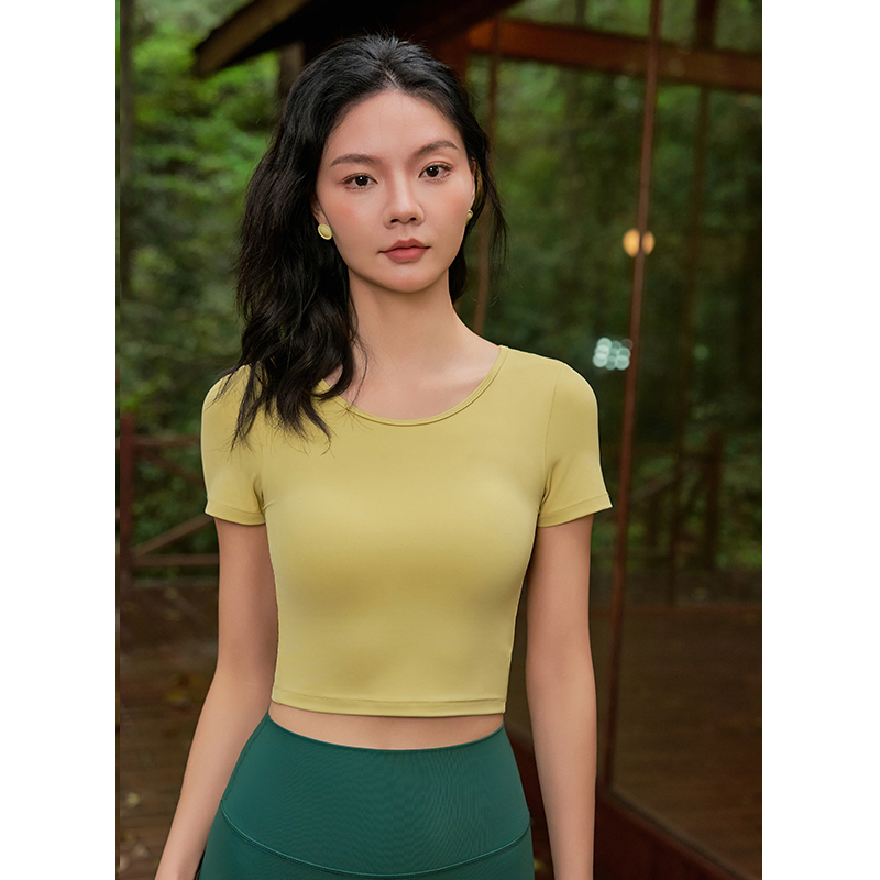 QUEEN YOGA瑜伽新品雙磨萊卡圓領運動瑜伽短袖(附贈拆卸式胸墊)