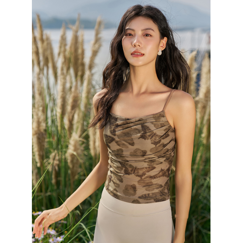 QUEEN YOGA印花扎染細肩帶運動瑜伽背心(附贈拆卸式胸墊）