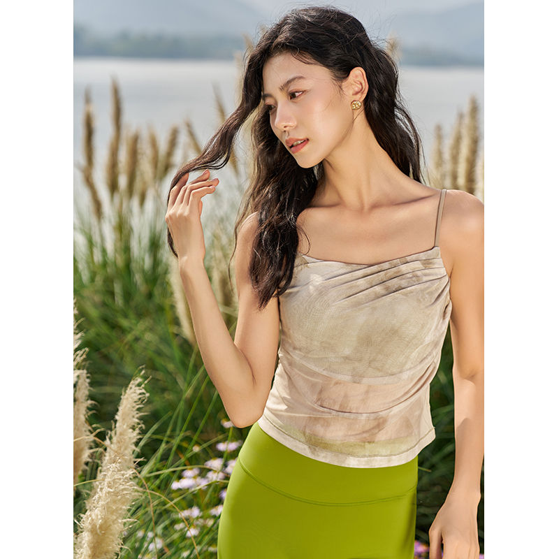 QUEEN YOGA印花扎染細肩帶運動瑜伽背心(附贈拆卸式胸墊）