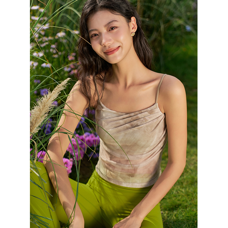 QUEEN YOGA印花扎染細肩帶運動瑜伽背心(附贈拆卸式胸墊）