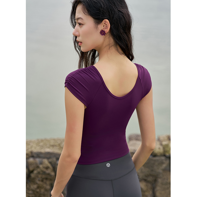QUEEN YOGA萊卡V領包肩短袖運動瑜伽短袖上衣（固定一體杯）