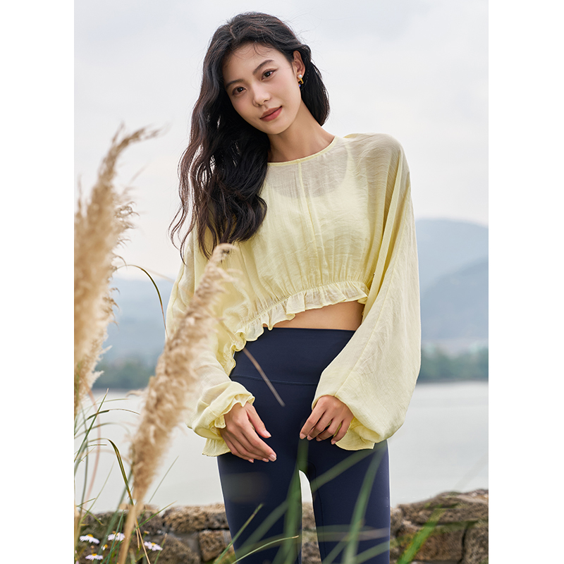 QUEEN YOGA唯美燈籠抽皺運動瑜伽長袖罩衫(不含胸墊)