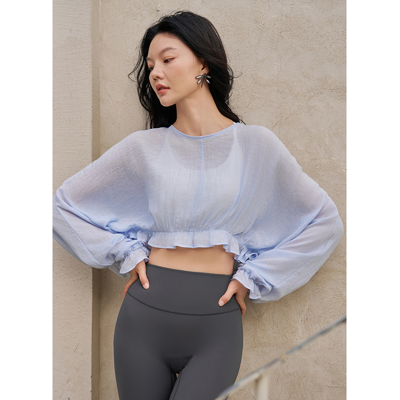 QUEEN YOGA唯美燈籠抽皺運動瑜伽長袖罩衫(不含胸墊)