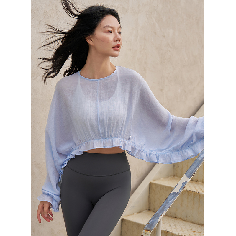 QUEEN YOGA唯美燈籠抽皺運動瑜伽長袖罩衫(不含胸墊)