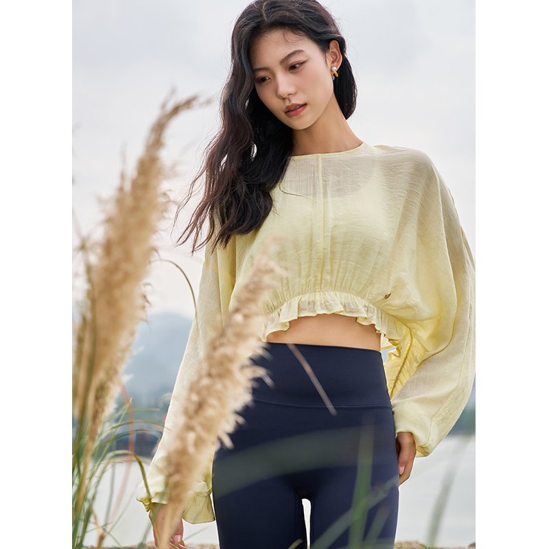 QUEEN YOGA唯美燈籠抽皺運動瑜伽長袖罩衫(不含胸墊)