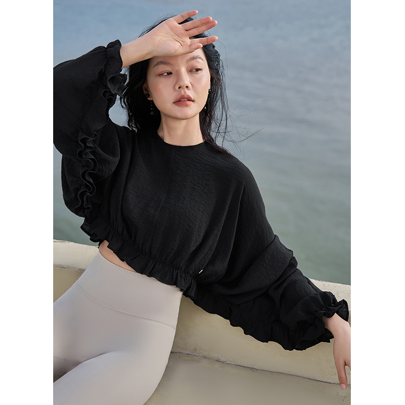 QUEEN YOGA唯美燈籠抽皺運動瑜伽長袖罩衫(不含胸墊)