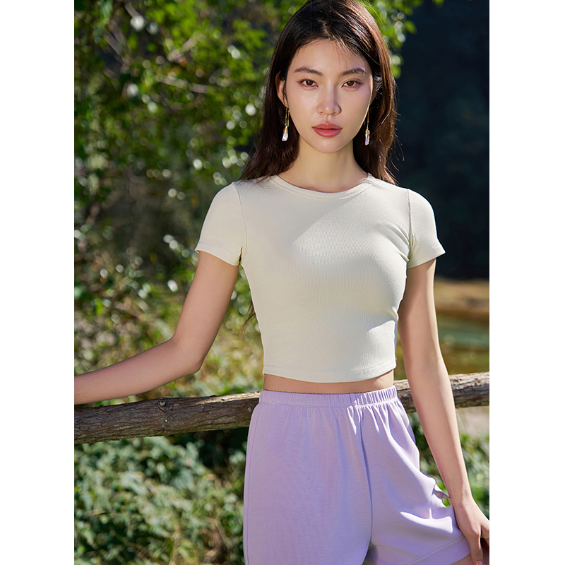 QUEEN YOGA高彈羅紋裸感運動瑜伽短袖上衣(不含胸墊)
