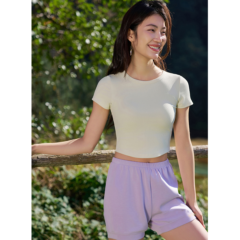 QUEEN YOGA高彈羅紋裸感運動瑜伽短袖上衣(不含胸墊)