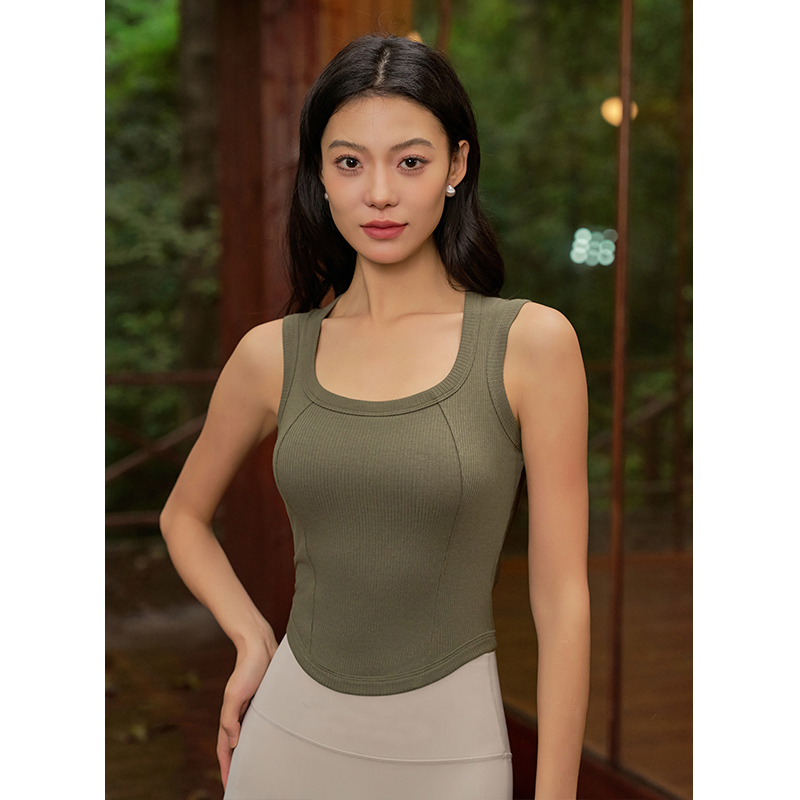 QUEEN YOGA天然棉大U型領口運動瑜伽背心(附贈可拆卸式胸墊)