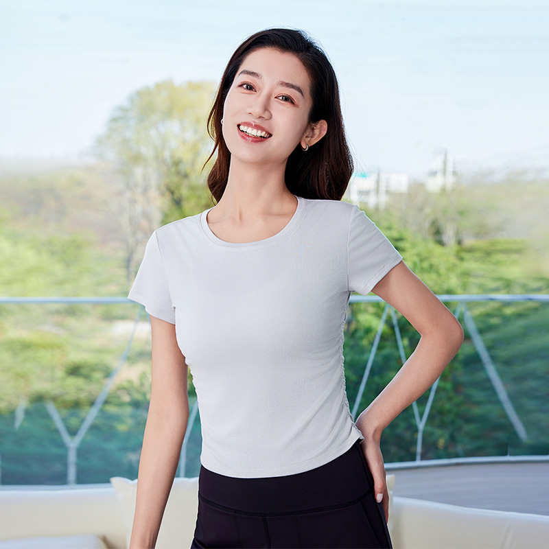 QUEEN YOGA瑜伽休閒圓領簡約收腰顯瘦經典短款T恤上衣（無胸墊款）