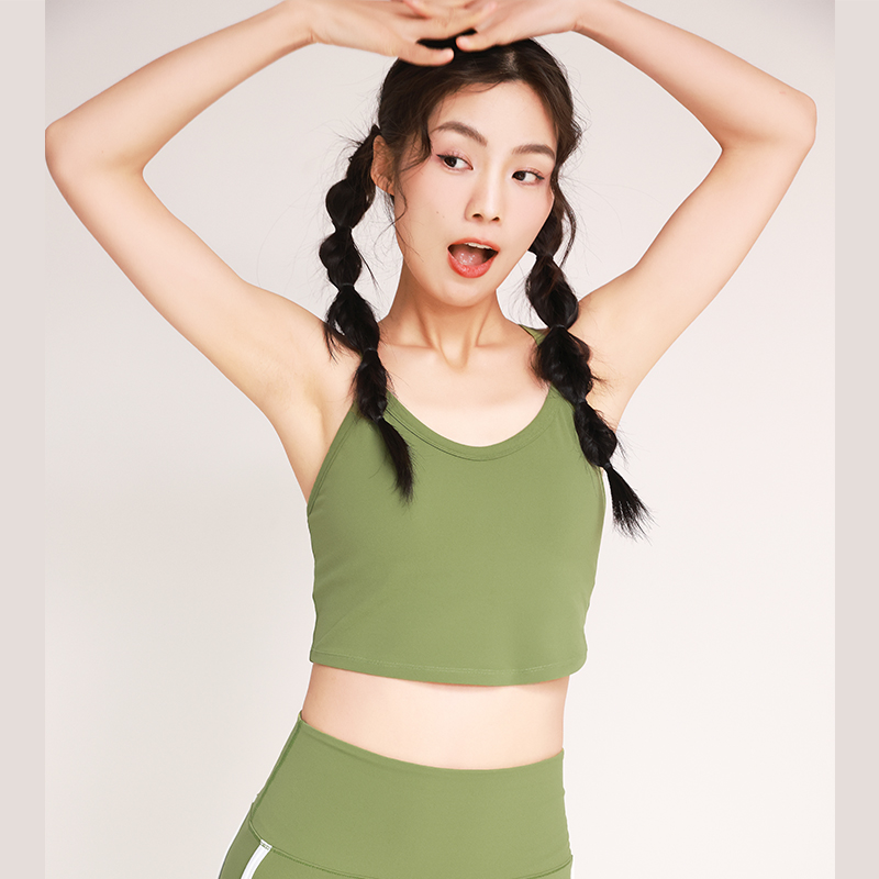 QUEEN YOGA交叉肩帶V領美背一體杯運動瑜伽短版背心(固定一體杯）