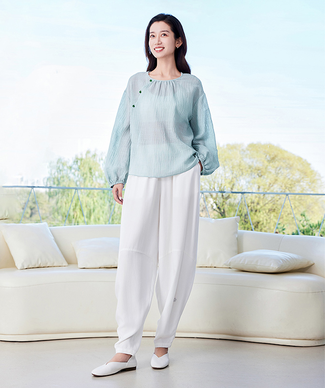 QUEEN YOGA瑜伽服寬鬆透氣休閒新中式棉麻長袖上衣外搭罩衫（無胸墊款）