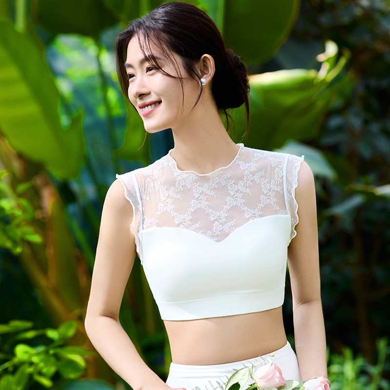 QUEEN YOGA瑜伽服運動健身祼感透氣木耳邊蕾絲拼接BRA內衣小可愛（固定一體杯）