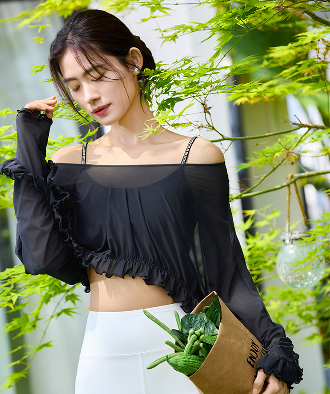 QUEEN YOGA瑜伽服新款個性圓領顯瘦網紗長袖外搭罩衫