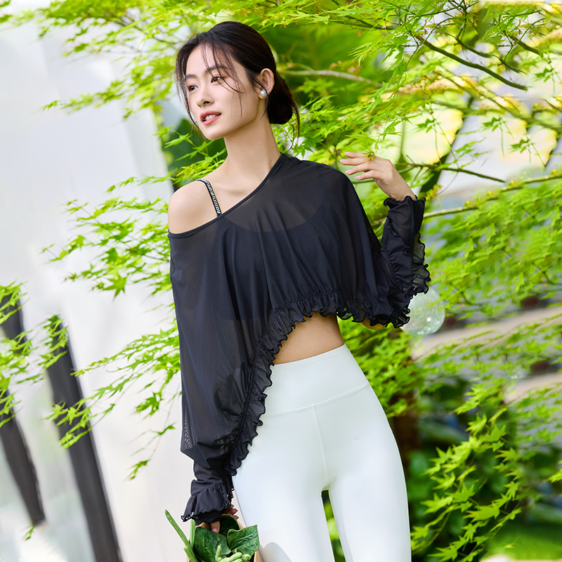 QUEEN YOGA瑜伽服新款個性圓領顯瘦網紗長袖外搭罩衫