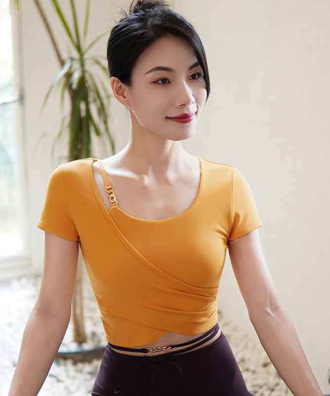 QUEEN YOGA瑜伽服收腰抽裙顯瘦運動短袖一體杯上衣（固定一體杯）