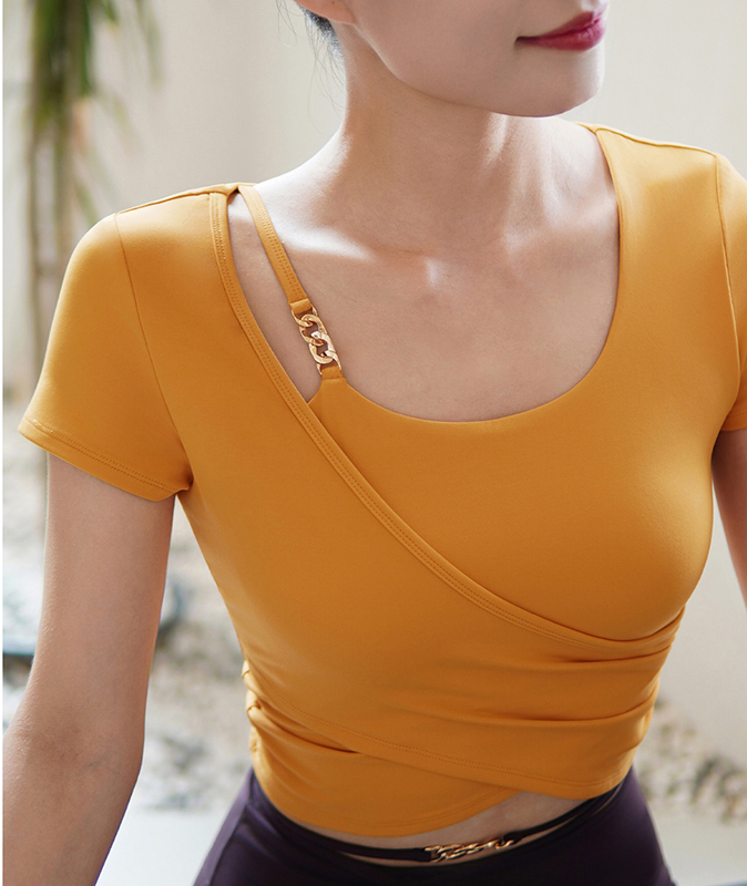 QUEEN YOGA瑜伽服收腰抽裙顯瘦運動短袖一體杯上衣（固定一體杯）