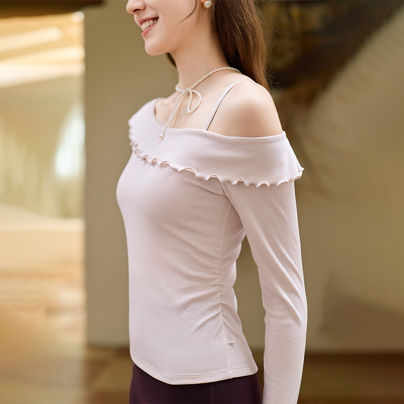 QUEEN YOGA瑜伽服天絲萊賽爾一字肩一體杯優雅瑜伽長袖上衣（固定一體杯）