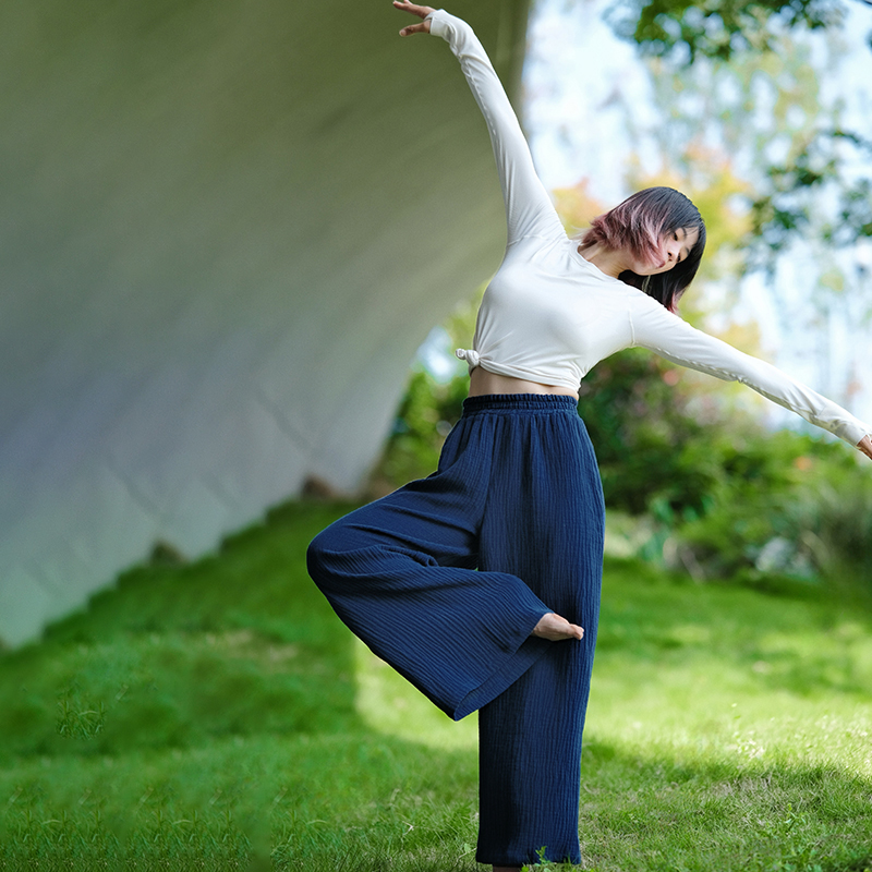 QUEEN YOGA瑜伽服棉麻禪風透氣休閒新中式直筒寬鬆闊腿褲
