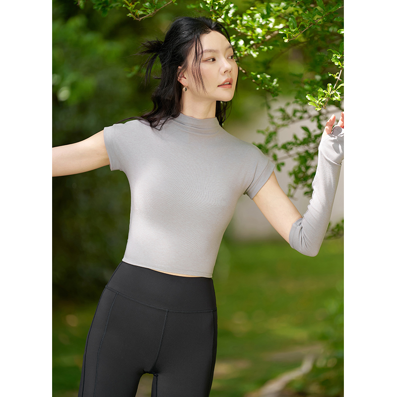 QUEEN YOGA抽繩高領運動瑜伽短袖+袖套(無胸墊款)
