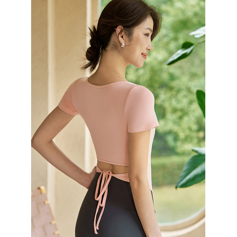 QUEEN YOGA經典圓領綁帶運動瑜伽短袖(無胸墊款)