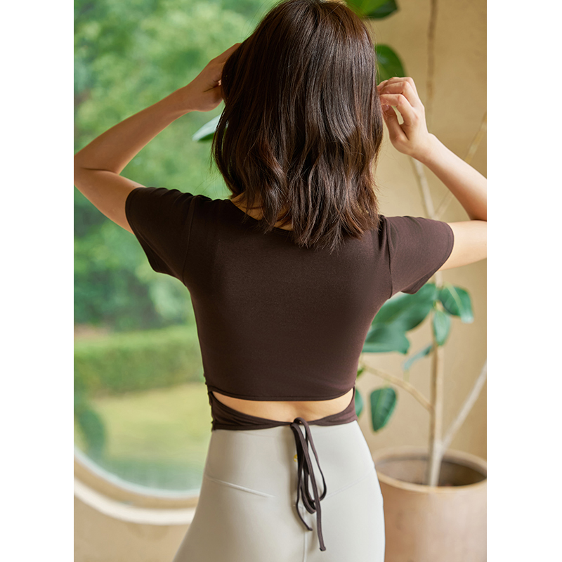 QUEEN YOGA經典圓領綁帶運動瑜伽短袖(無胸墊款)