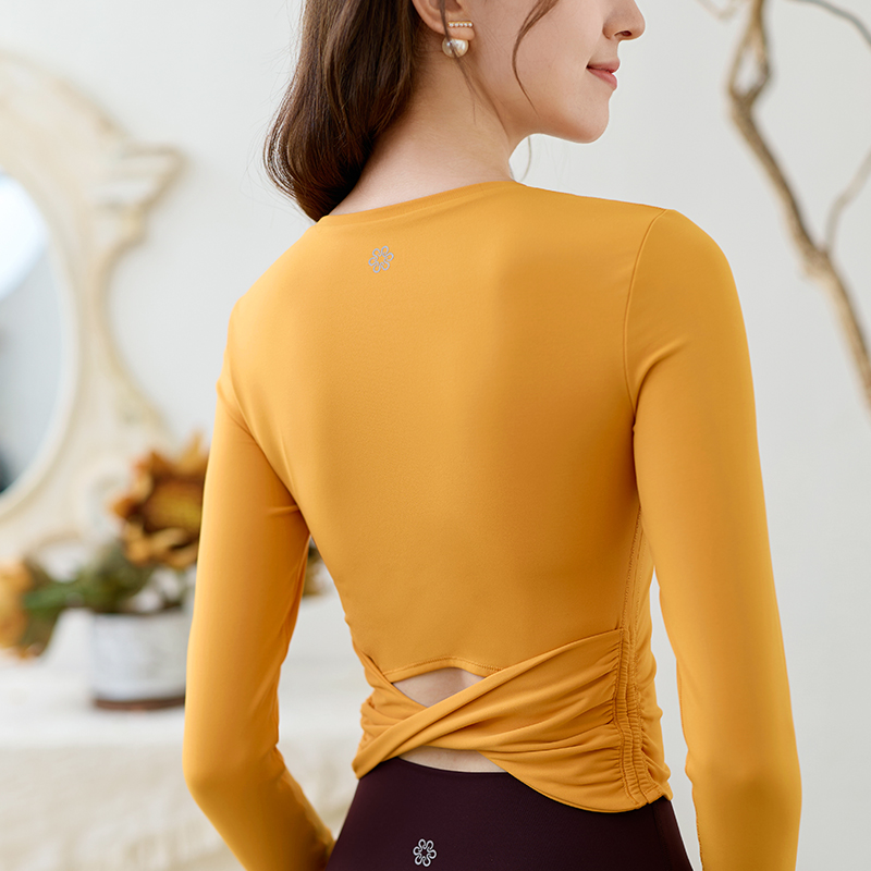 QUEEN YOGA瑜伽服一體杯後腰交叉長袖（固定一體杯）