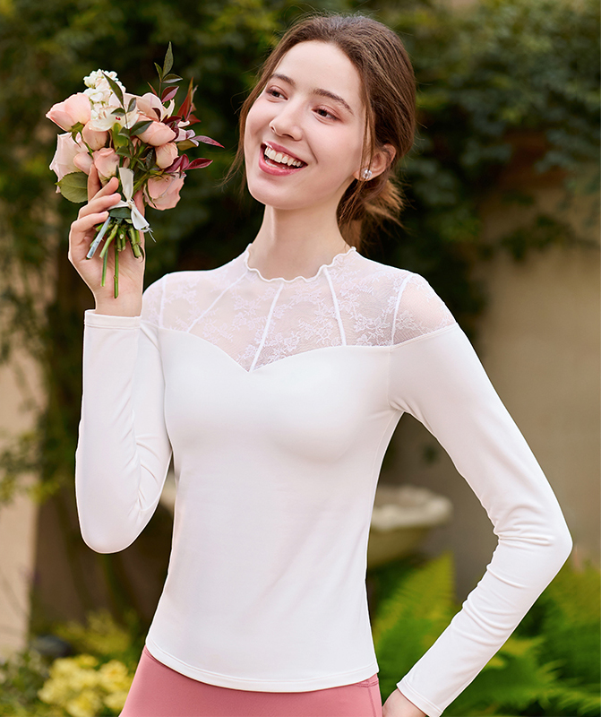 QUEEN YOGA瑜伽服運動健身經典祼感一體杯透氣蕾絲拼接長袖上衣（固定一體杯）